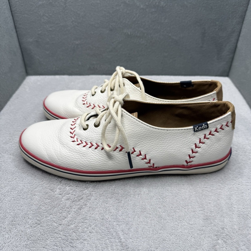 Keds Women's 7.5 M White Leather Baseball Stitch Sneakers Red Blue Vintage